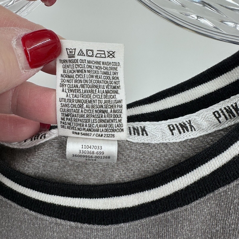 PINK Victoria's Small Secret Gray Varsity Long Sleeve Jersey Tee Shirt  Dog Logo - Picture 7 of 8